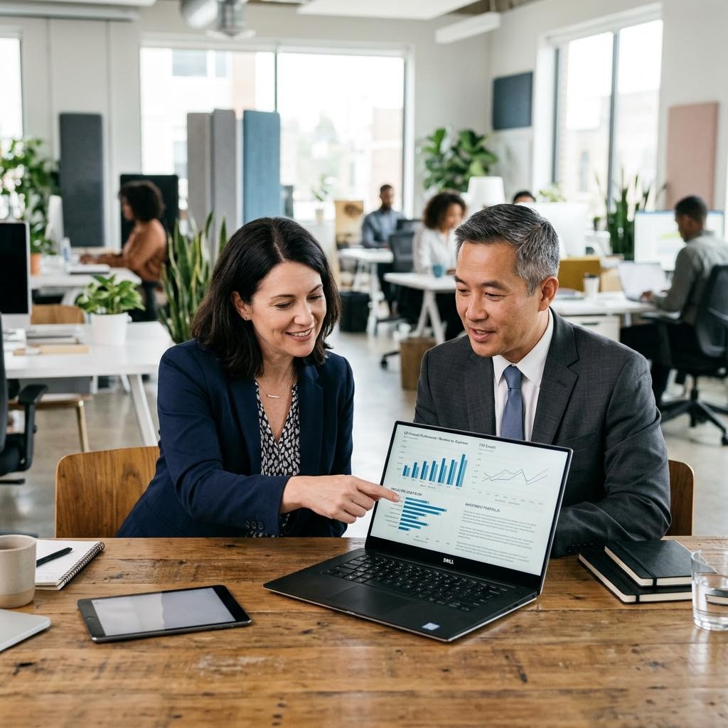 Illustrative scene of a business owner reviewing financial information with an advisor