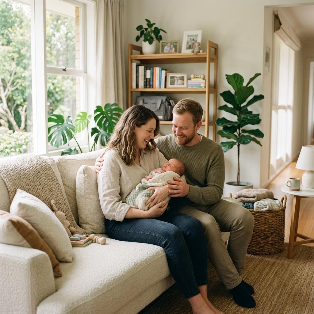 Illustrative image of couple with new baby at home