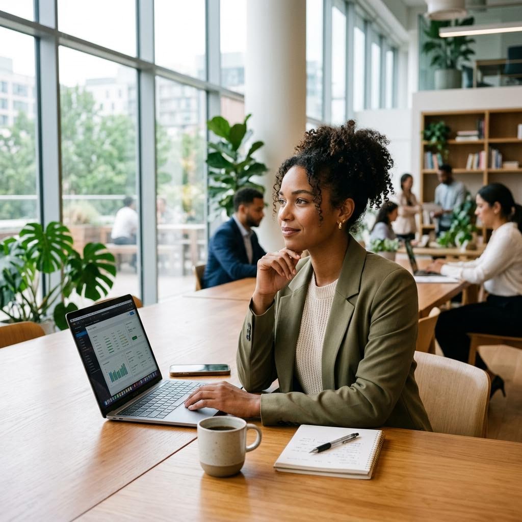 A new entrepreneur working thoughtfully on a laptop in a bright workspace