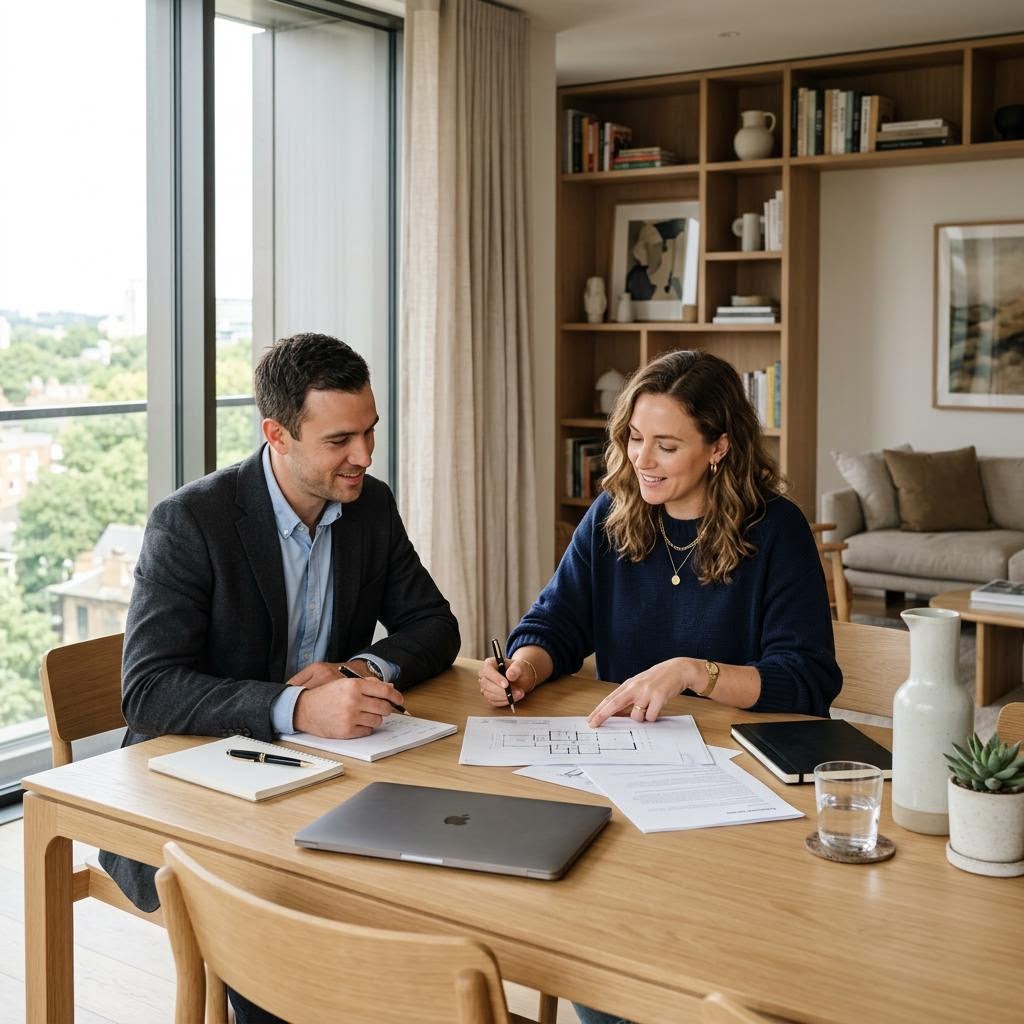 Illustrative professional couple reviewing paperwork